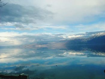 Scenic view of lake against cloudy sky