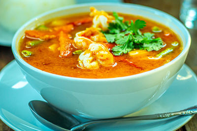 Close-up of soup in bowl on table