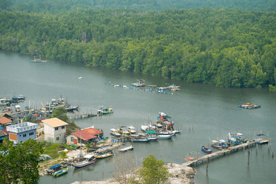 High angle view of boats moored in the river
