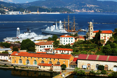 High angle view of battleships moored at harbor