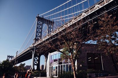 Low angle view of bridge against clear blue sky