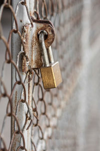 Close-up of padlock on metal door