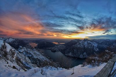 Scenic view of snow mountains against sky during sunset