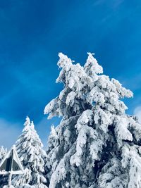 Low angle view of snowcapped mountain against blue sky
