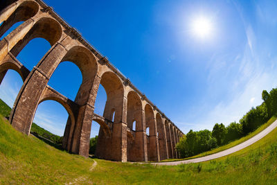 Low angle view of old ruin building against blue sky