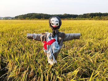 Scarecrow on field against sky