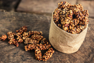 High angle view of coffee beans on table