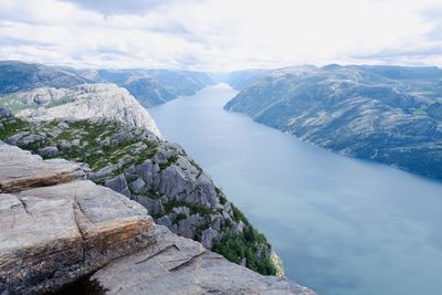 Scenic view of mountains against sky in lysefjorden, norway