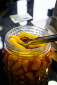 High angle view of drink in jar on table