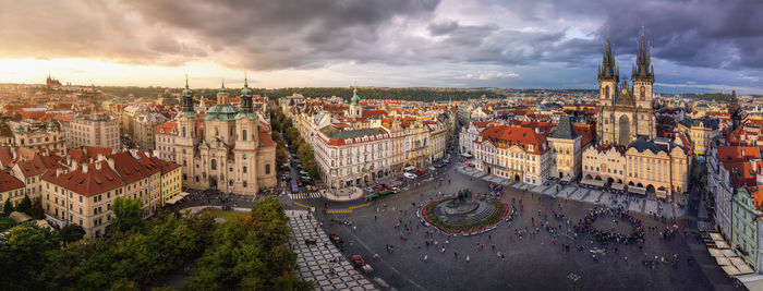 High angle view of townscape against sky during sunset