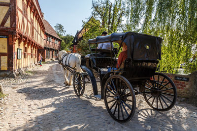 Men in horse cart on street in town