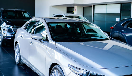 Car parked in luxury showroom. car dealership office. new car parked in modern showroom. car for ren