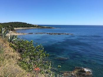 Scenic view of sea against clear blue sky