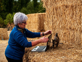 Woman using laptop on hay bales at field