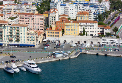 High angle view of buildings in city