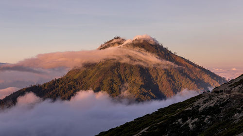 Panoramic view of snowcapped mountains against sky during sunset