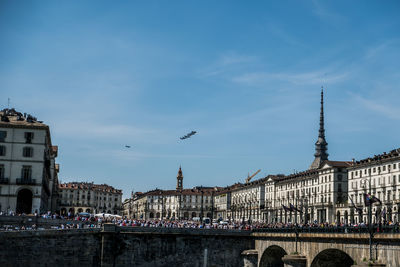 The italian tricolour arrows make a show in the sky of turin for the coronavirus on may 2020