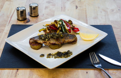 High angle view of food served on table