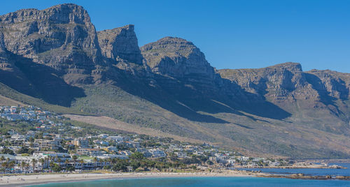 Panoramic view of townscape by mountains against clear blue sky