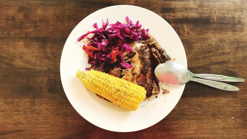 High angle view of food in plate on table