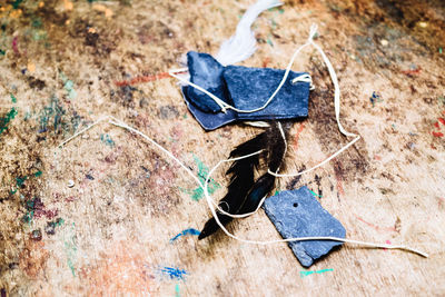 Close-up of feather and string on wood