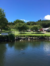 Scenic view of lake against blue sky