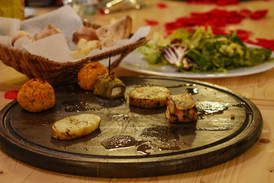 High angle view of food in plate on table