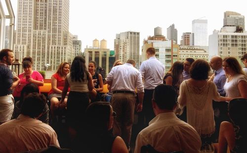 High angle view of people in city