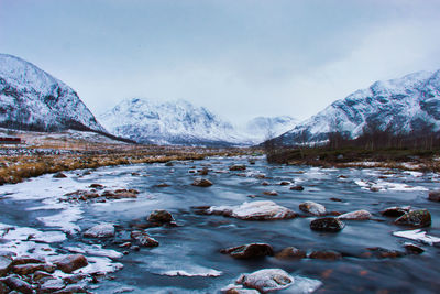 Scenic view of river by snowcapped mountains against sky