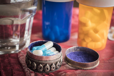 Close-up of glasses on table