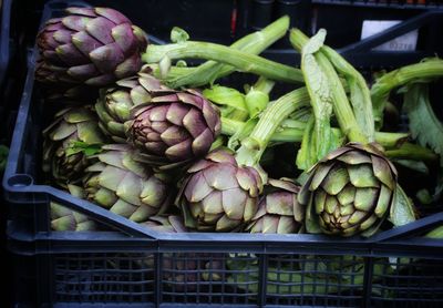 Close-up of artichokes at market stall