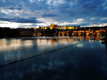River by illuminated city against sky at dusk