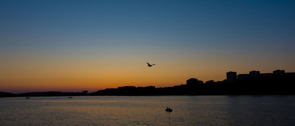 Silhouette birds flying over lake against sky during sunset