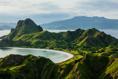 Scenic view of sea and mountains against sky