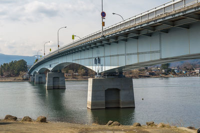 Bridge over river against sky in city