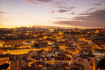 High angle view of townscape against sky during sunset