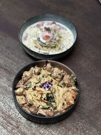 High angle view of food in bowl on table