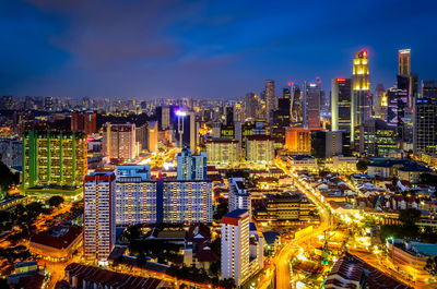 High angle view of illuminated cityscape at night