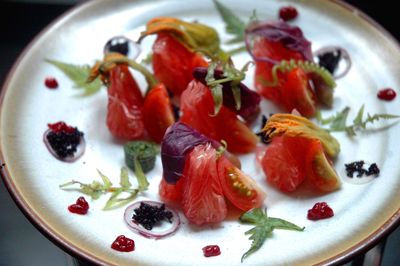 High angle view of breakfast served in plate