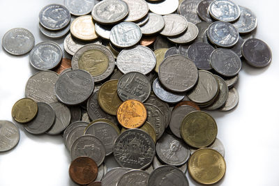 High angle view of coins