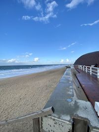 Scenic view of beach against blue sky