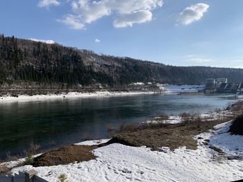 Scenic view of lake against sky during winter