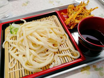 High angle view of food served on table