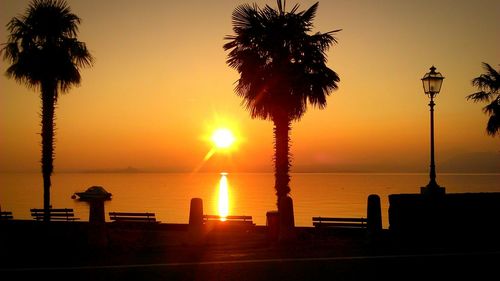 Silhouette of palm trees by sea against sky during sunset