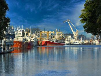 Cranes at harbor against sky