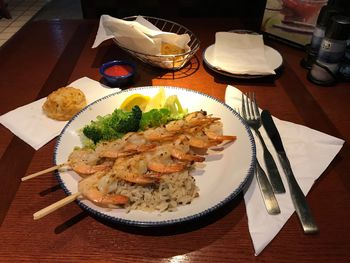 High angle view of food served on table