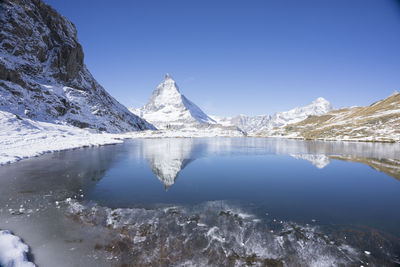 Scenic view of lake and mountains against clear blue sky