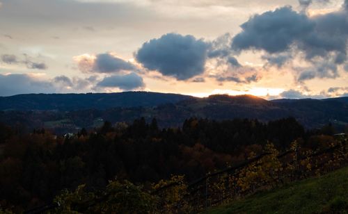 Scenic view of mountains against sky during sunset