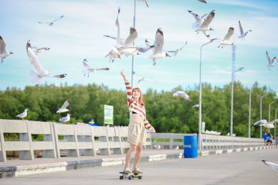 Low angle view of seagulls flying against sky