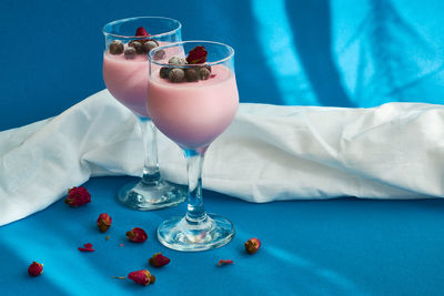 High angle view of drink in glass on table